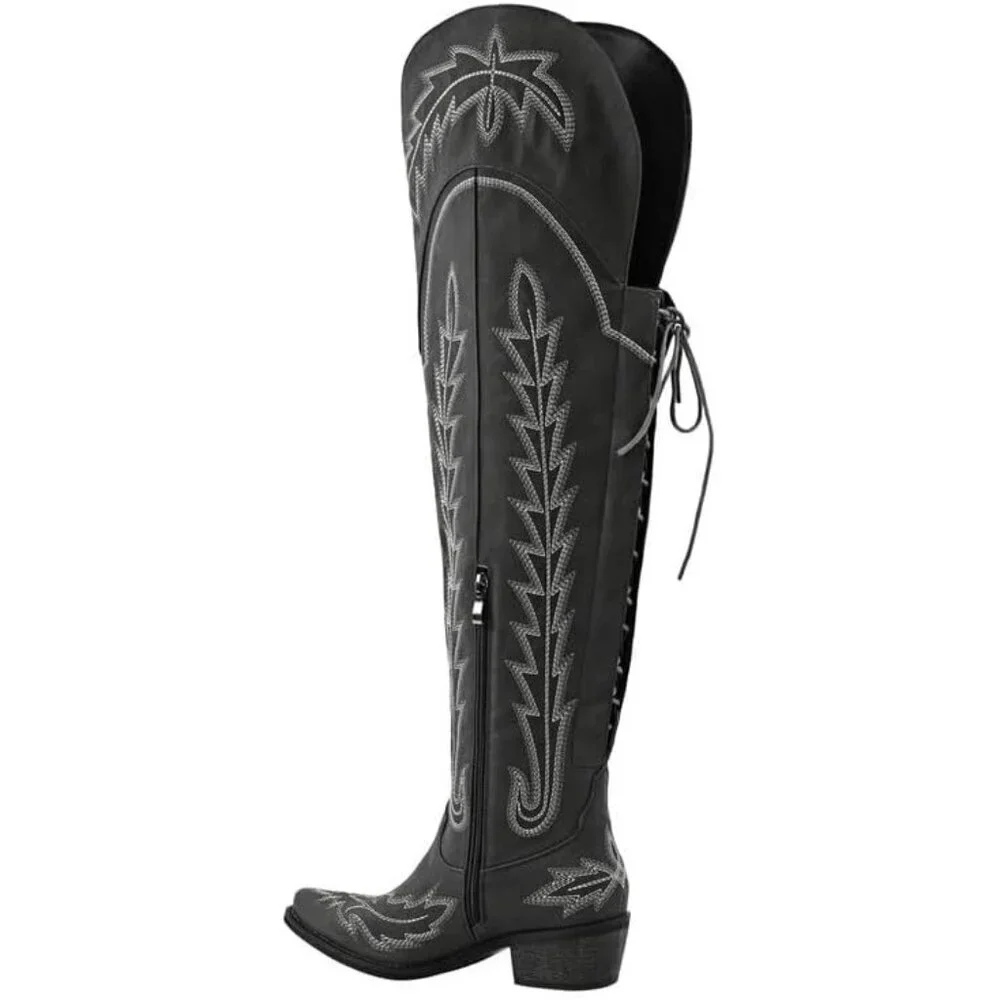 Women Black Synthetic Cowgirl Thigh High Wide Calf Embroidered Western Boots